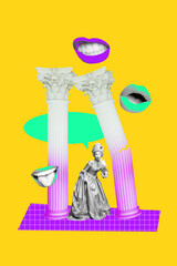 Vertical art trend banner collage of happy countess girl dance column architecture chill mouth bubble speech baroque period