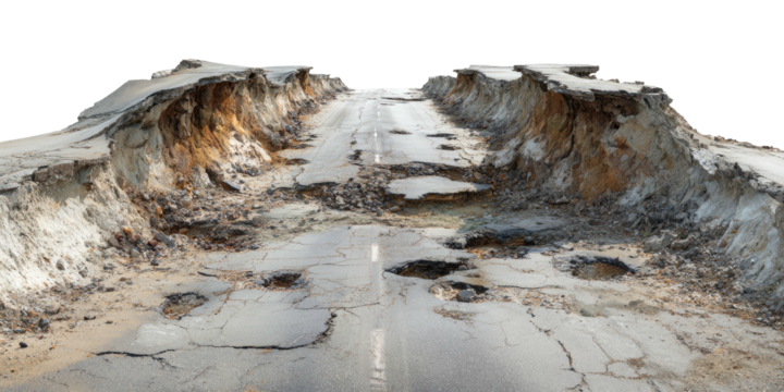 A destroyed road section, damaged with gaping holes and exposed earth, set against a black backdrop