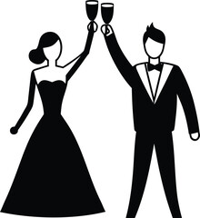 Couple in formal wear toasting with champagne woman