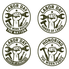 Labor Day Emblems Collection with Industrial Tools and Fists