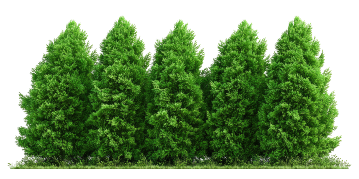 A row of lush green coniferous trees on a grassy bed against a transparent background - Powered by Adobe