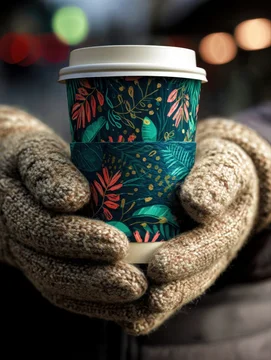 Holiday takeaway cup mockup in knitted hands with winter design