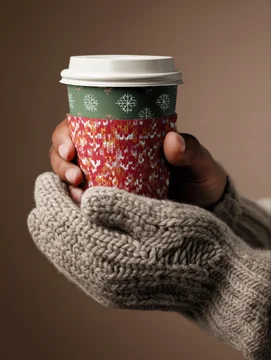 Coffee cup mockup with festive sleeve held by person in gloves