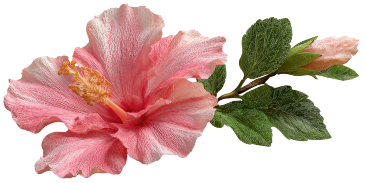 Close-up of a pink flower, with intricate petals, alongside green leaves and a budding flower