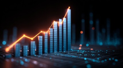 Futuristic Data Visualization with Rising Bar Graphs and Dynamic Line Chart Depicting Growth in Business and Financial Analysis