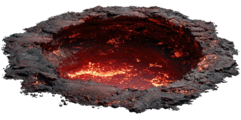 A volcanic crater filled with molten lava, emitting heat, and surrounded by hardened rock
