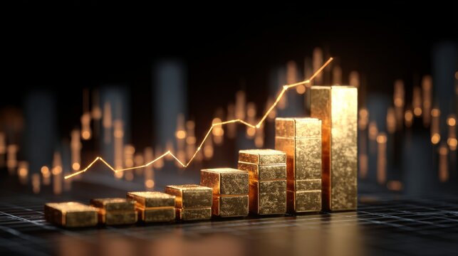 Golden Bars Representing Increasing Financial Growth and Investment Potential in a Modern Financial Landscape with Graphs and Charts
