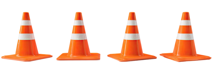 Four identical orange safety devices with white stripes, isolated against black background