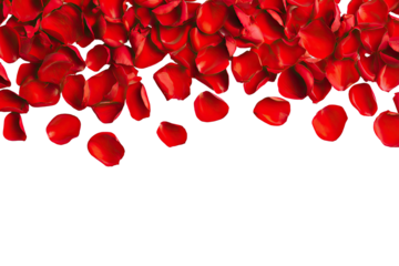 A vibrant cascade of deep red rose petals, arranged against a stark black background