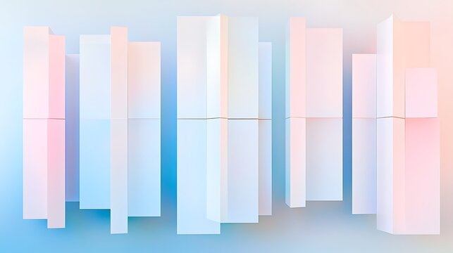 Abstract rectangular column arrangement with a smooth gradient pink, blue, and white background