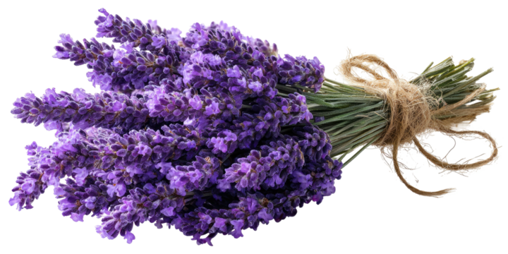 A bundle of fresh, fragrant purple flowers tied together with natural twine