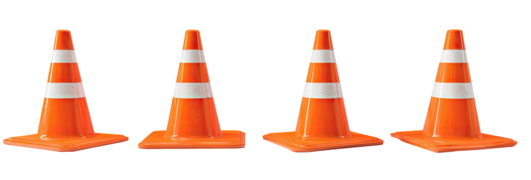 Four identical orange safety devices with white stripes, isolated against black background