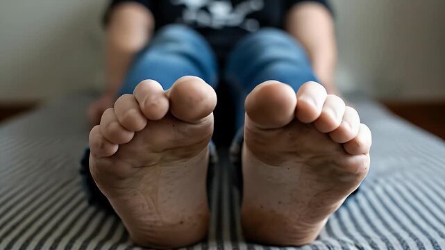 Close-up of dirty bare feet showing soles covered in dust and dirt with person wearing blue jeans and black t-shirt sitting indoors on a striped