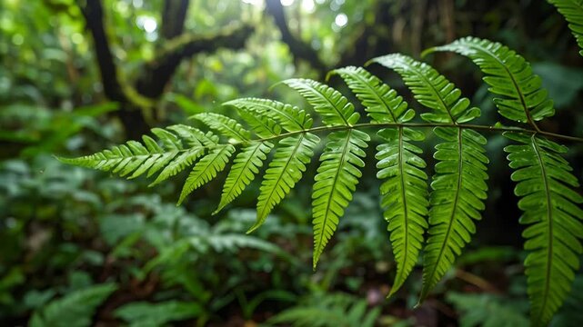 Vibrant green fern frond in sharp focus against a blurred, lush forest background with dappled sunlight
