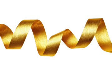 A vibrant, spiraling, gold ribbon isolated on a stark black background. It appears luxurious
