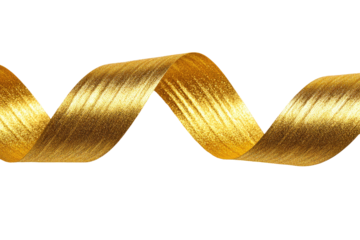 A winding, golden ribbon gracefully flows against a solid black background, showing shimmering highlights