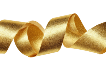 A lustrous golden ribbon, gracefully swirling, isolated on a stark black background