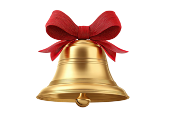 Golden bell with a shiny finish, adorned with a festive red bow, isolated on a black background