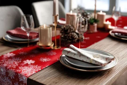 Holiday table runner mockup styled with warm candlelight decor