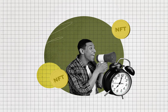 Collage depicting nft trading success and digital freelance income in a modern economic business online concept