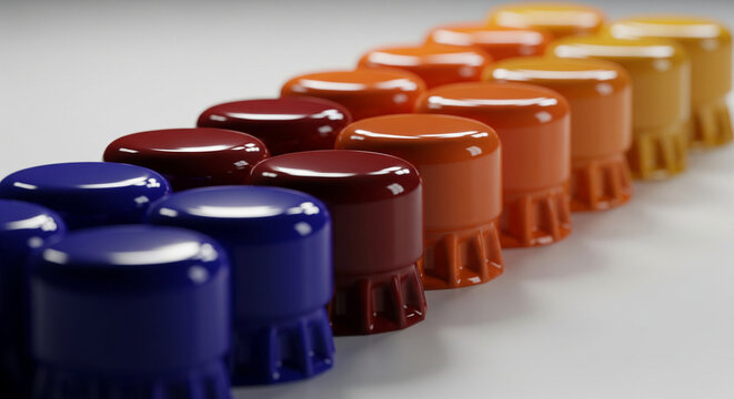 Medication Organization: Tall Plastic Caps in Warm Color Gradient
A close-up, angled studio shot of a diagonal line of tall, cylindrical plastic caps or small containers, likely used for medicine 