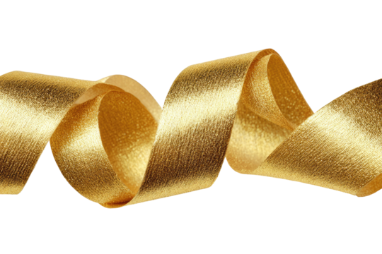 A lustrous golden ribbon, gracefully swirling, isolated on a stark black background