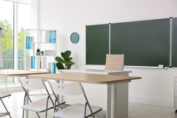 Chalkboard and stylish furniture in classroom. Mockup for design