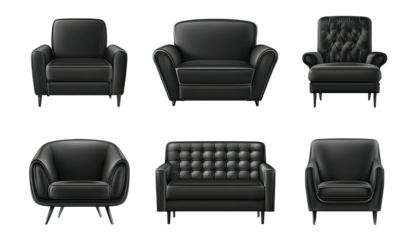 Assortment of six glossy black upholstered furniture pieces against a stark black background