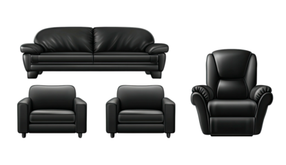 A set of realistic leather furniture against a black backdrop, including a couch and armchairs
