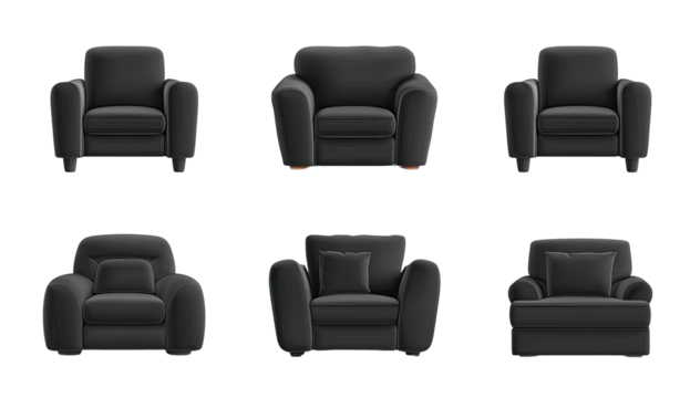 Six charcoal-colored armchairs, arranged in two rows, viewed from varying frontal angles
