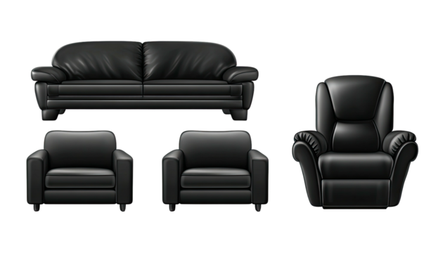 A set of realistic leather furniture against a black backdrop, including a couch and armchairs