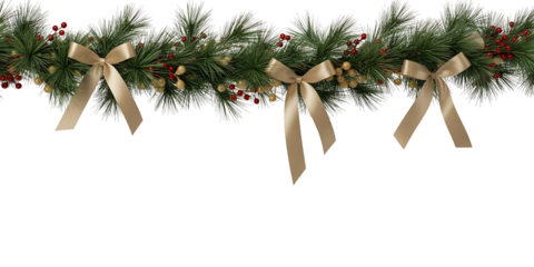 Christmas garland with gold bows isolated on transparent background for holiday decor