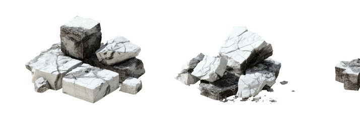 Three piles of fragmented stone against a black backdrop, varying in size and featuring cracked surfaces