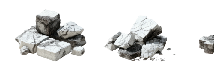Three piles of fragmented stone against a black backdrop, varying in size and featuring cracked surfaces