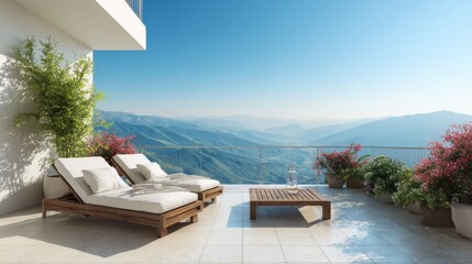 Serene Mountain View with Outdoor Lounge Area Featuring Sunbeds and Coffee Table Surrounded by Lush Greenery and Vibrant Flowers in a Clear Blue Sky