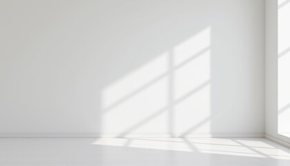 Fototapeta premium Bright white room with glossy floor and clean walls, illuminated by sunlight casting crisp windowpane shadows for a minimalist architectural mood.