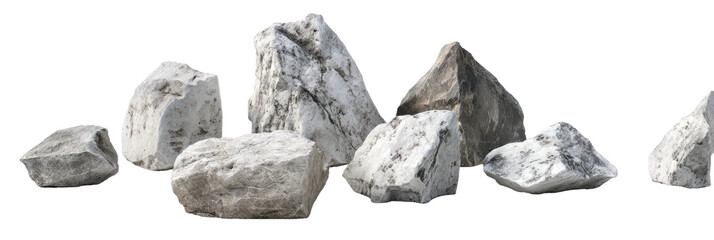 A collection of various sized rocks arranged side by side against a black background