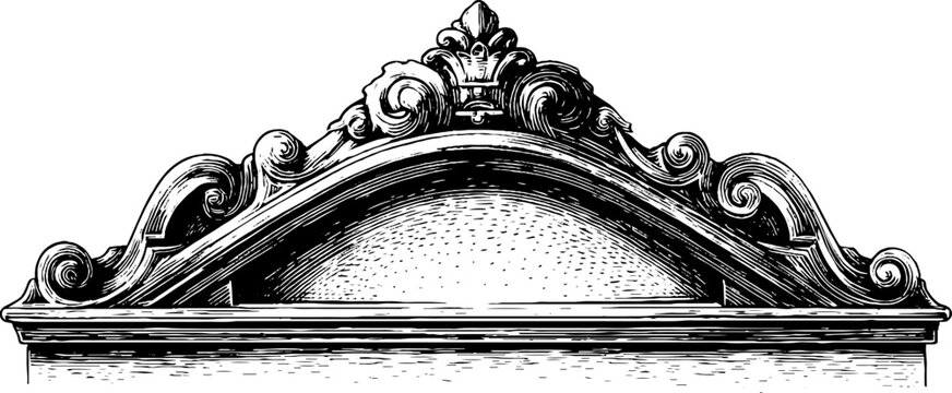 Vintage hand drawn engraved triangular pediment ornament with carved acanthus leaves for architectural design