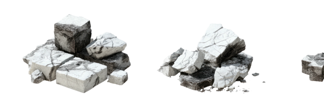 Three piles of fragmented stone against a black backdrop, varying in size and featuring cracked surfaces