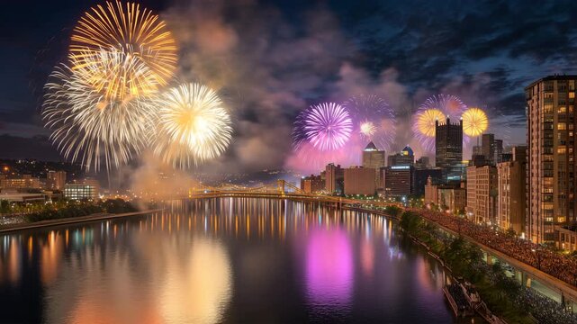 都市の夜景を包み込む盛大な打上げ花火のクライマックス