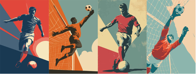 Obraz premium Vintage soccer poster set with retro football players and goalkeepers in classic athletic illustration style