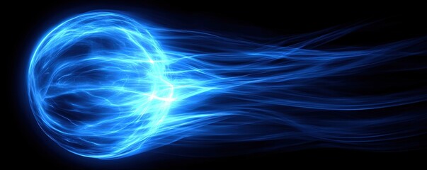 A vibrant blue sphere of light with flowing trails, set against a black background, evoking energy and motion.