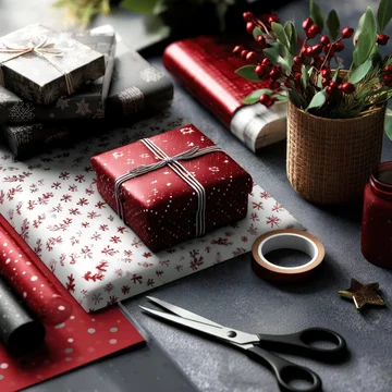 Christmas wrapping paper mockup with scissors and tape flat lay