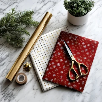 Flat lay of Christmas wrapping paper with scissors and ribbon