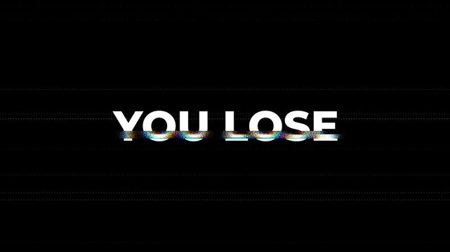 you lose glitch error game over digital distortion suitable for gaming defeat screens, technical failures, or dramatic effect