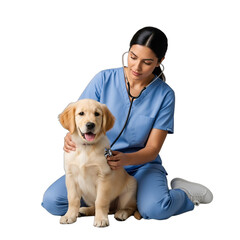 Female veterinarian gently examines a happy golden retriever puppy, ideal for pet clinic websites, animal health campaigns, veterinary school brochures, and National Pet Day promotions,