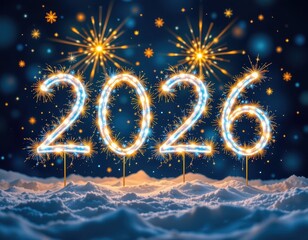 Sparkling 2026 numbers glowing in a snowy landscape with vibrant fireworks lighting up the night sky, celebrating the arrival of the new year in a festive winter setting.