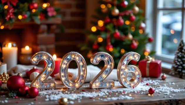 Sparkling 2026 numbers surrounded by Christmas ornaments, gifts, and cozy fireplace decor, celebrating the joyful transition into the New Year.