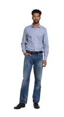 Happy man wearing stylish jeans on white background