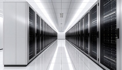 Modern data center server room corridor with rows of computer racks and glowing lights.